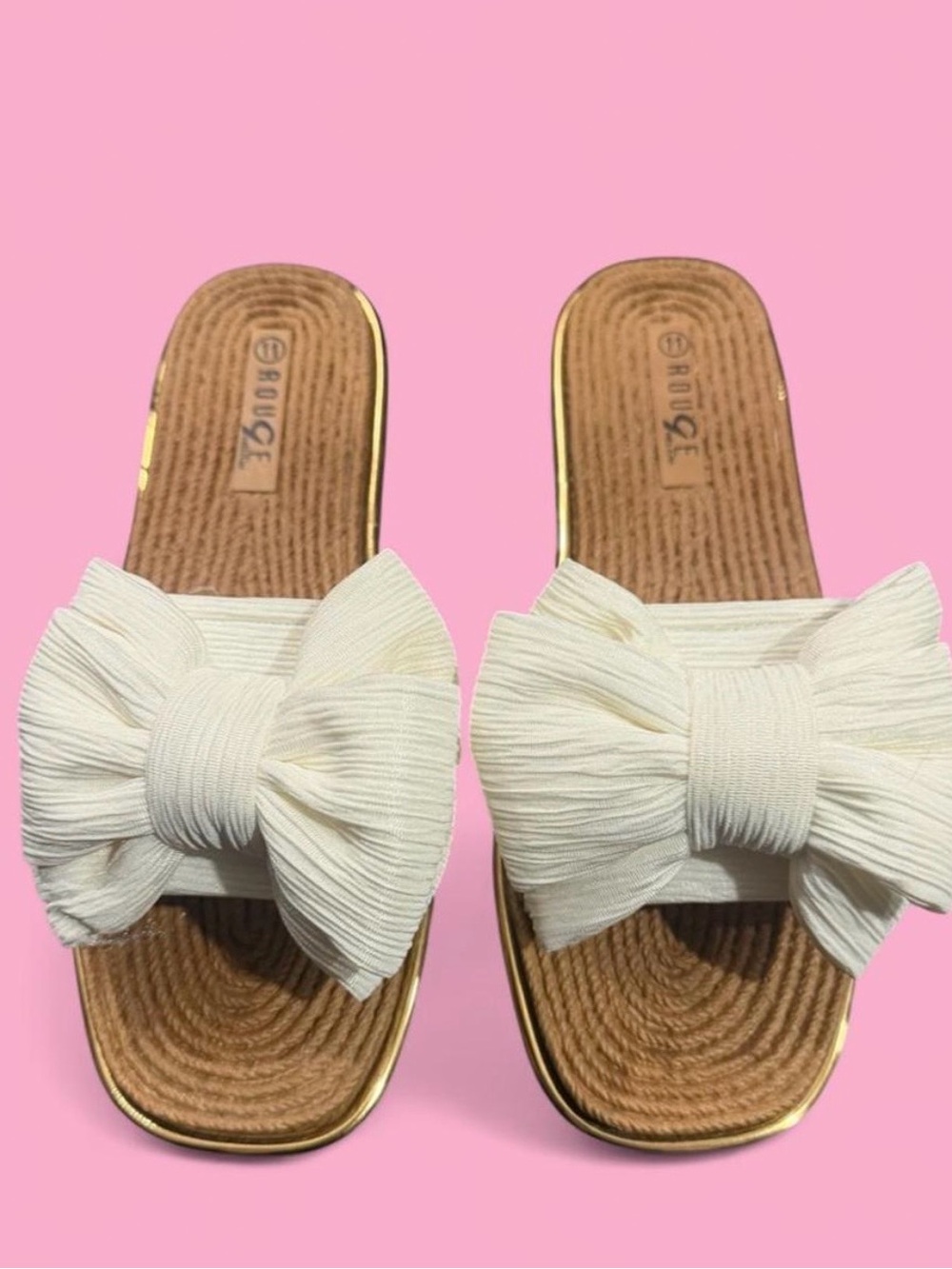 White Bow Slide Sandals Size 11 Gold Trim Raffia Summer Shoes